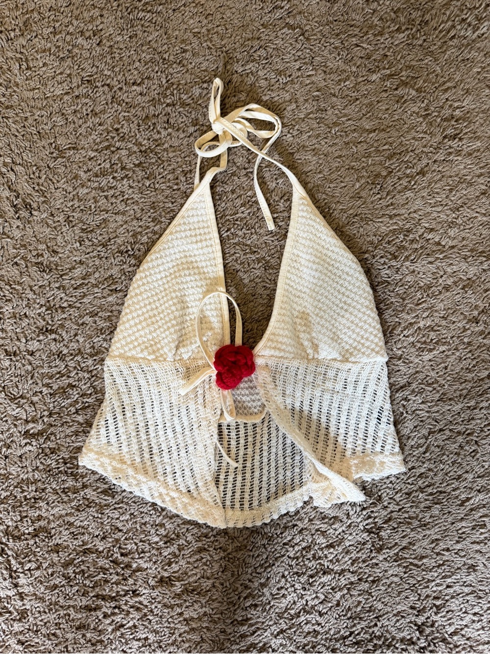 Cream Crochet Halter Bralette with Red Flower Accent